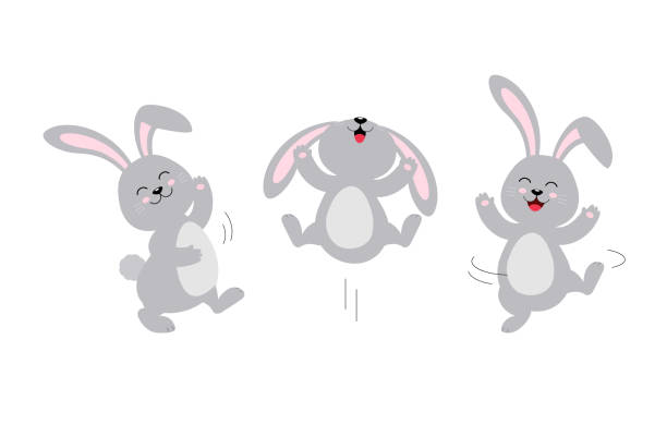 illustrations, cliparts, dessins animés et icônes de lapin mignon sautant et dansant. - saut