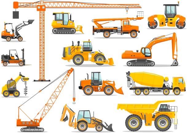흰색 바탕에 평면 스타일에 상세한 무거운 건설 및 광업 기계의 집합입니다. 기계를 구축. 특수 장비. 벡터 일러스트 - crane construction equipment construction equipment stock illustrations