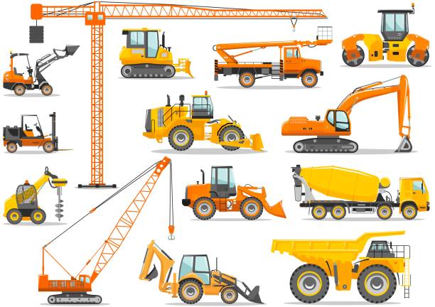 Set of detailed heavy construction and mining machines in flat style on the white background. Building machinery. Special equipment. Vector illustration Silhouette illustration of heavy construction equipment and mining machinery. Building machinery and special equipment. Vector illustration. mining equipment stock illustrations