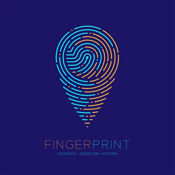 Vector illustration of GPS navigator icon shape Fingerprint scan pattern logo dash line, digital map pointer concept, Editable stroke illustration orange and blue isolated on dark blue background with Fingerprint text