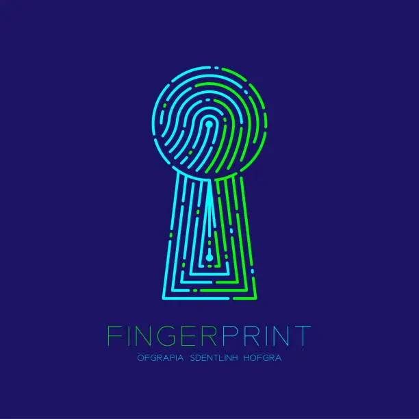 Vector illustration of Keyhole shape Fingerprint scan pattern logo dash line, digital gateway concept, Editable stroke illustration green and blue isolated on dark blue background with Fingerprint text and space, vector