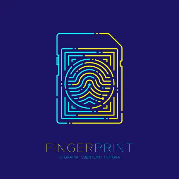 Vector illustration of SD or memory card shape Fingerprint pattern logo dash line, Gadget concept design, Editable stroke illustration blue and yellow isolated on dark blue background with Fingerprint text and space, vector