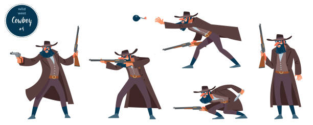 illustrazioni stock, clip art, cartoni animati e icone di tendenza di concetto di design da cowboy rapinatore del selvaggio west - rifle gun old wild west