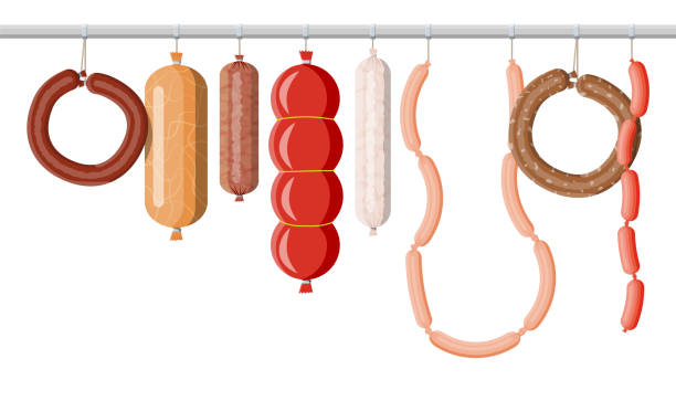 ilustrações de stock, clip art, desenhos animados e ícones de meat sausage collection. - salsicha