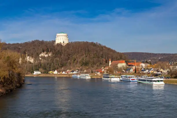 View over Danube river to Liberation Hall (Befreiungshalle) in Kelheim, Bavaria, Germany