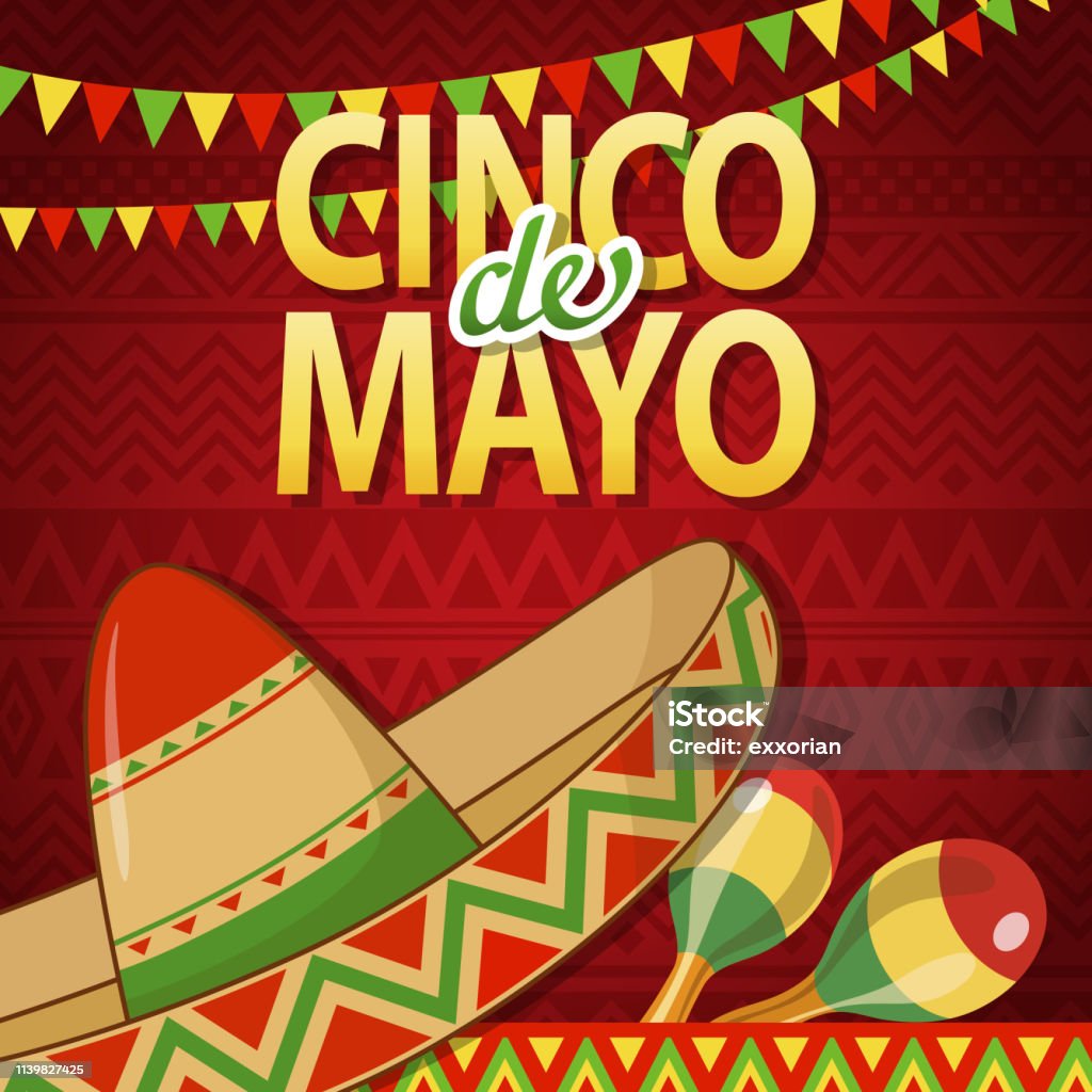 Cinco De Mayo Party Hat Join the Cinco De Mayo Fiesta held on 5 May with sombrero, maraca and bunting on the red colored Mexican pattern Mexico stock vector