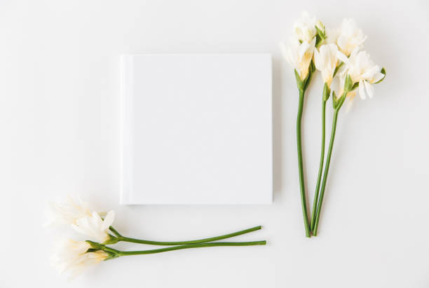 istock White flowers mockup with empty book.Minimalist flat lay,white background.Template for design. 1139828766