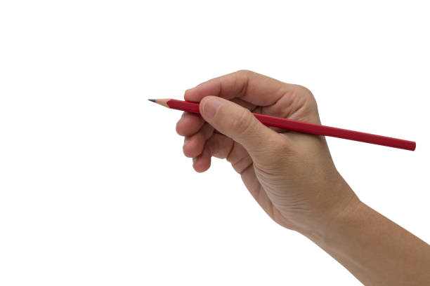 istock Female hand with red color pencil isolated on white 1139830835