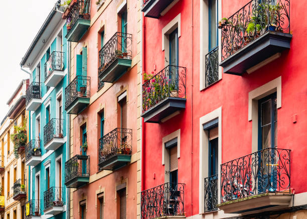 Colourful Houses Facade Building Architecture Balcony Old town Spain stock photo