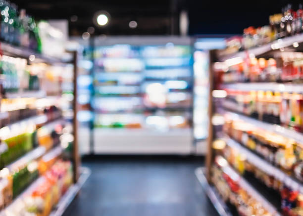 Blur Supermarket aisle Shelf Interior perspective Supermarket aisle Blur background Product shelf Interior perspective Retail Consumer business fruit cart vendor stock pictures, royalty-free photos & images