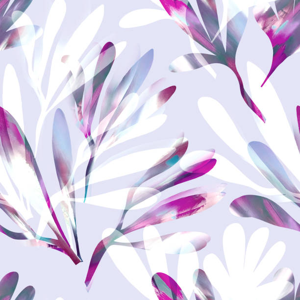 나뭇잎 완벽 한 패턴 - multi colored floral pattern acrylic painting purple stock illustrations