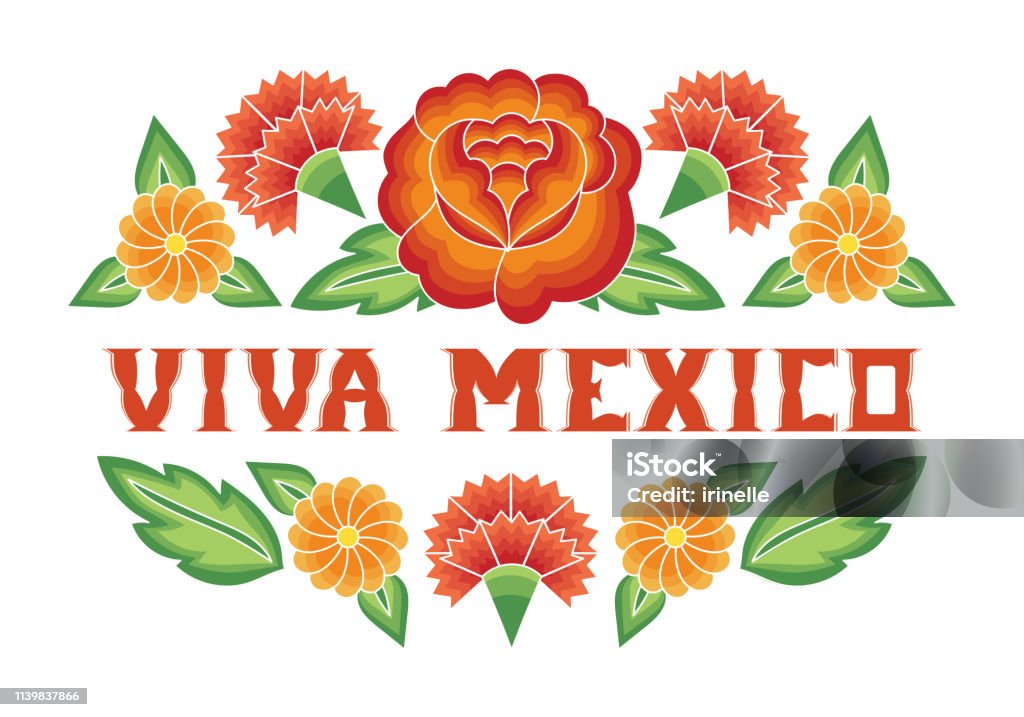 Viva Mexico illustration vector. Floral background with traditional flowers pattern from floral mexican embroidery ornament Viva Mexico illustration vector. Floral background with traditional flowers pattern from floral mexican embroidery ornament for party banner, flyer, poster, cover, tourist card design. Mexican Culture stock vector