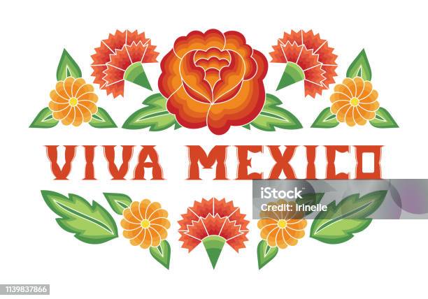 Viva Mexico Illustration Vector Floral Background With Traditional Flowers Pattern From Floral Mexican Embroidery Ornament Stock Illustration - Download Image Now