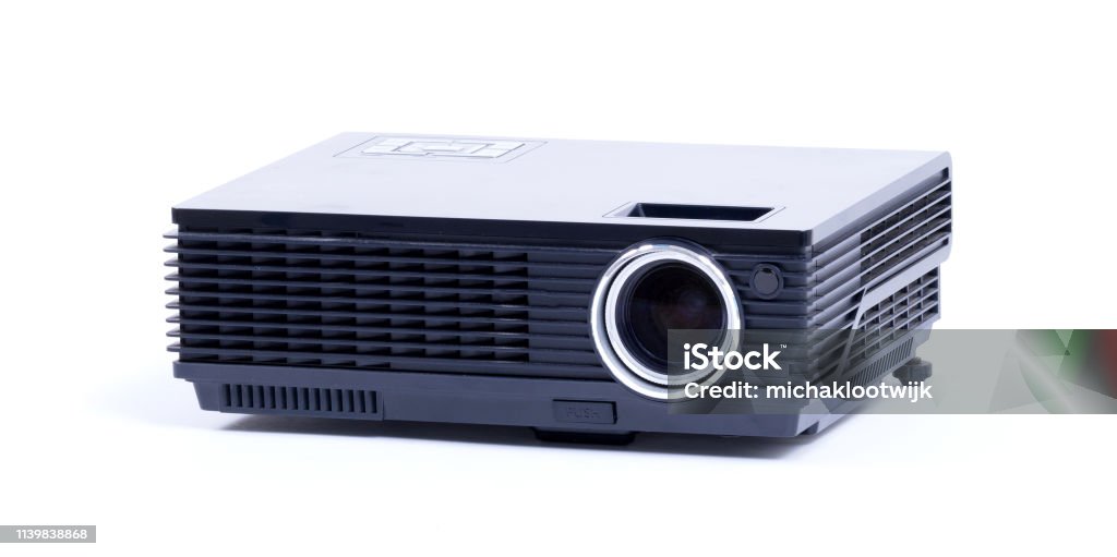 Black home cinema projector, isolated on white Black home cinema projector, isolated on white background Black Color Stock Photo