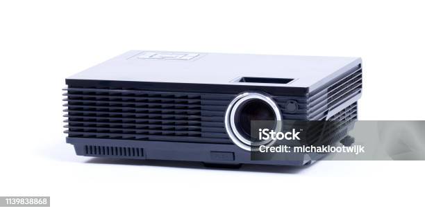 Black Home Cinema Projector Isolated On White Stock Photo - Download Image Now - Black Color, Cut Out, Dust