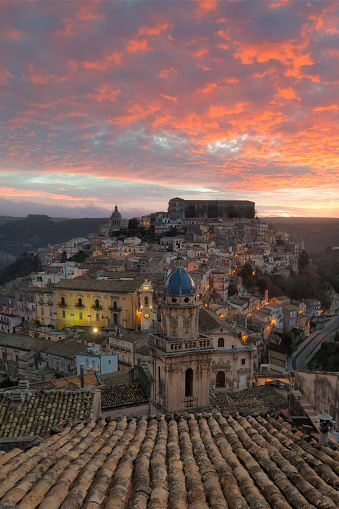 Top view of the delightful small baroque town of Ragusa Ibla at sunrise