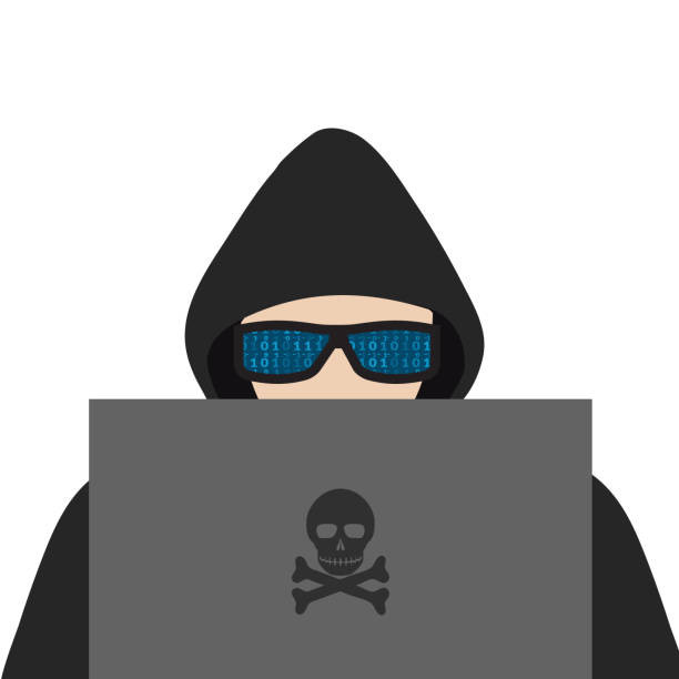 ハッカー。フードとメガネをかけたパーカーの男がコンピュータモニターを見る - computer hacker spy spam safety点のイラスト素材／クリップアート素材／マンガ素材／アイコン素材