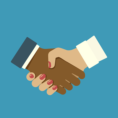 Handshake men and women. Sign of friendship and partnership. Vector illustration in flat style.