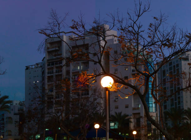 Illumination on the city street in evening, outdoor urban scene