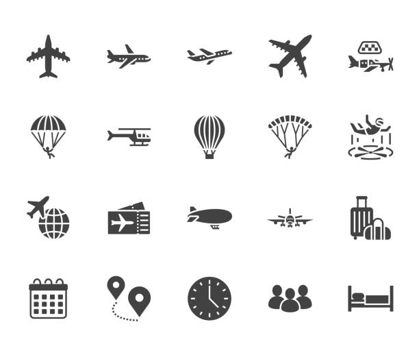 항공기 평면 그림 문자 아이콘을 설정 합니다. 비행기, 헬리콥터, 항공 택시, 스카이 다이빙, 풍선,에 어로 튜브, 패러글라이딩 벡터 일러스트입니다. 비행기 티켓 저장을 위한 표지판. 솔리드 실 - parachute parachuting skydiving silhouette stock illustrations