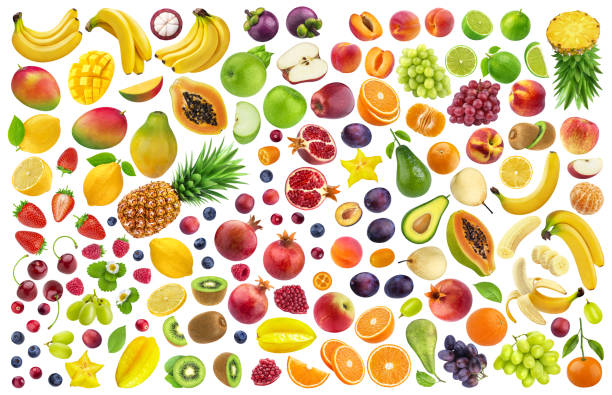 diversi frutti e bacche isolati su sfondo bianco con percorso di ritaglio - frutta immagine foto e immagini stock
