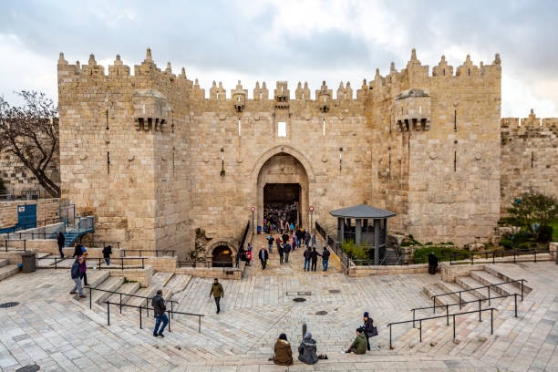 Jerusalem old city Damascus Gate aerial view sunset