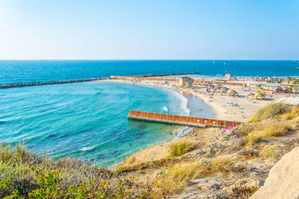 os povos estão apreciando um dia ensolarado em uma praia em telavive, israel - israel tel aviv skyscraper seascape - fotografias e filmes do acervo