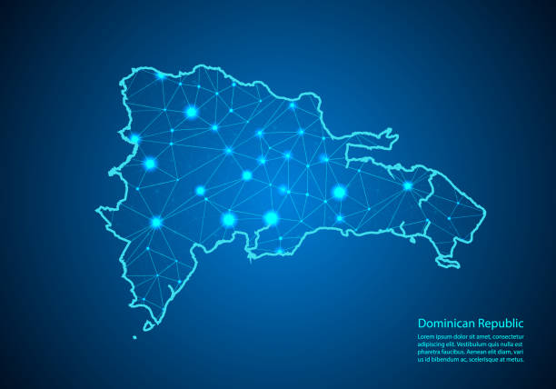 Abstract mash line and point scales on dark background with map of Dominican Republic. Best Internet Concept of Dominican Republic business from concepts series. Wire frame 3D mesh polygonal network line and dots. Abstract mash line and point scales on dark background with map of Dominican Republic. Best Internet Concept of Dominican Republic business from concepts series. Wire frame 3D mesh polygonal network line and dots. dominican republic map stock illustrations