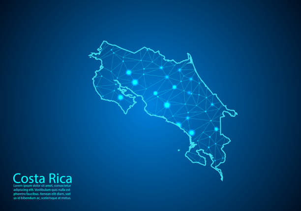 코스타리카의 지도와 어두운 배경의 추상 매쉬 라인과 포인트 스케일. 개념 시리즈에서 코스타리카 사업의 최고의 인터넷 개념. 와이어 프레임 3d 메쉬 다각형 네트워크 라인과 도트. - costa rica stock illustrations