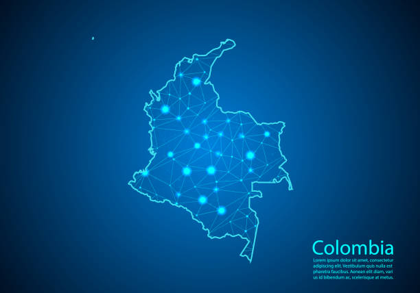 ilustraciones, imágenes clip art, dibujos animados e iconos de stock de línea de puré y escalas de puntos abstractas sobre fondo oscuro con mapa de colombia. mejor concepto de internet de los negocios de colombia de la serie concepts. trama de alambre 3d malla poligonal línea de red y puntos. - colombia map