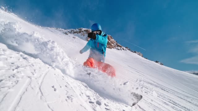 SPEED RAMP Snowboarder riding through powder and causing a splash