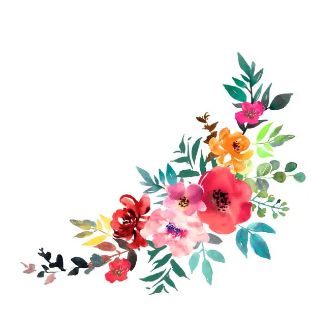 Vector illustration of Hand drawn watercolor bouquet on white background. Beautiful gentle flowers in the composition. Roses. Vector