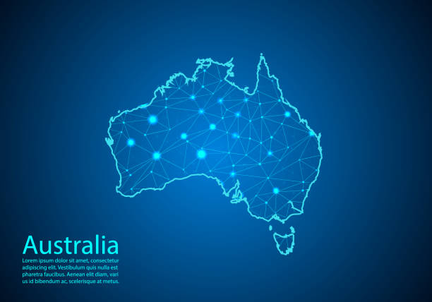 istock Abstract mash line and point scales on dark background with map of australia. Best Internet Concept of australia business from concepts series. Wire frame 3D mesh polygonal network line and dots. 1139848479