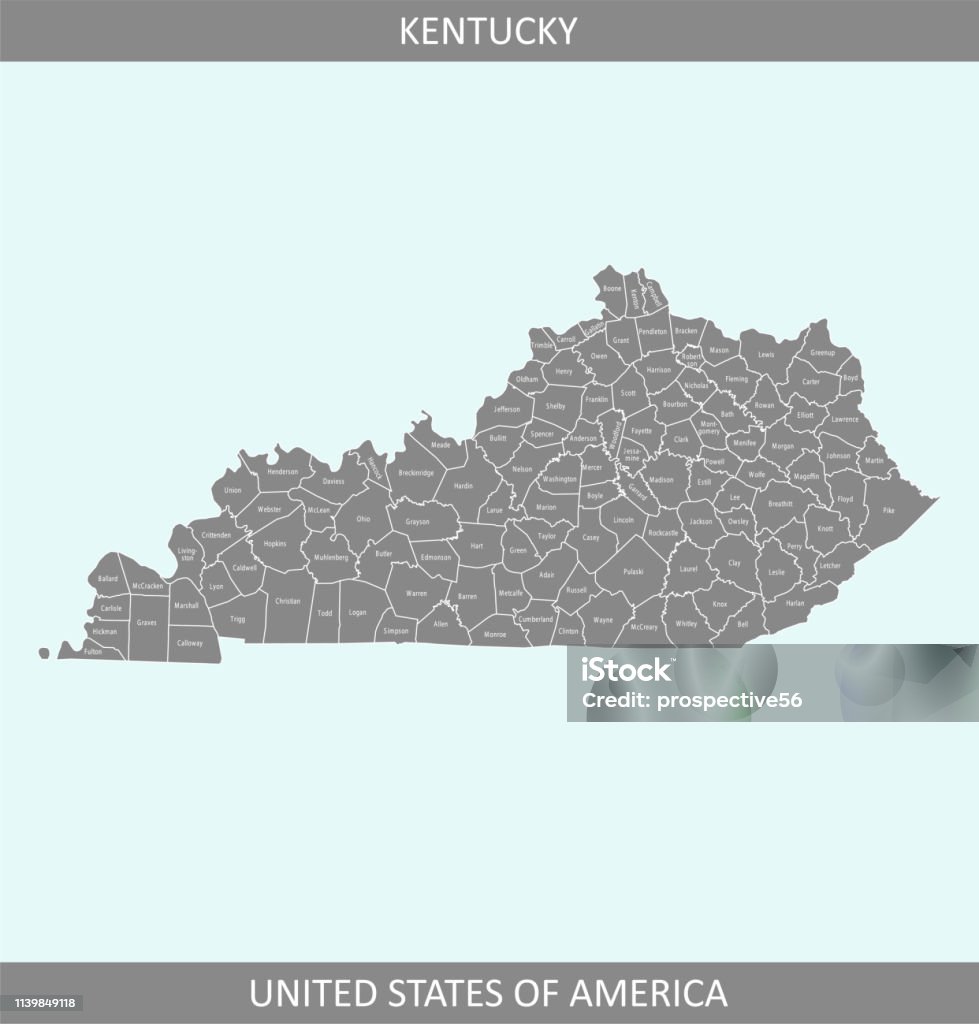 Kentucky county map vector outline gray background. Counties map of Kentucky state of USA in a creative design The map is accurately prepared by a map expert. Lexington - Kentucky stock vector