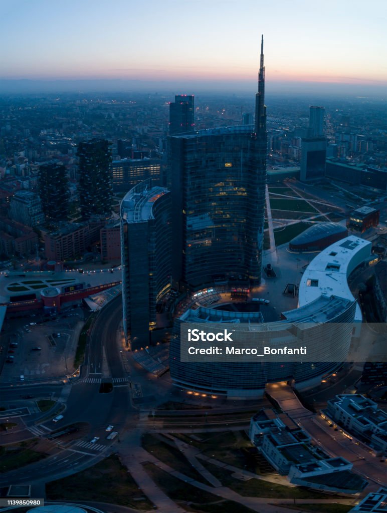 Milan skyline Milan city skyline at dawn, aerial view, flying over financial area skyscrapers in Porta Nuova district. Milan Stock Photo