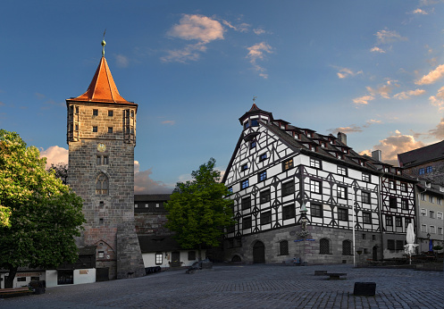 Nuremberg, Germany, May 15, 2016: The Bavarian city is waking up to a new day. The historic square below the castle is still empty.