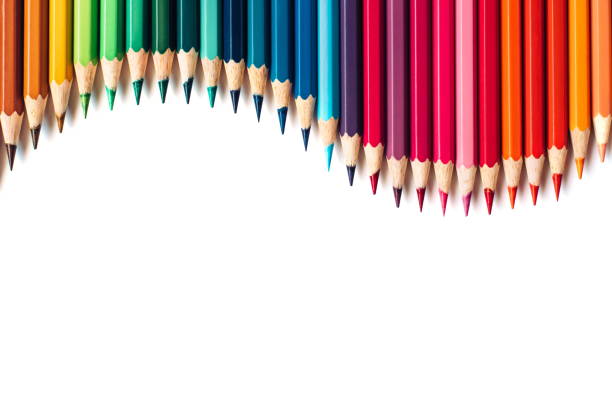 цветные ка�рандаши, изолированные на белом фоне - set blue brown green стоковые фото и изображения