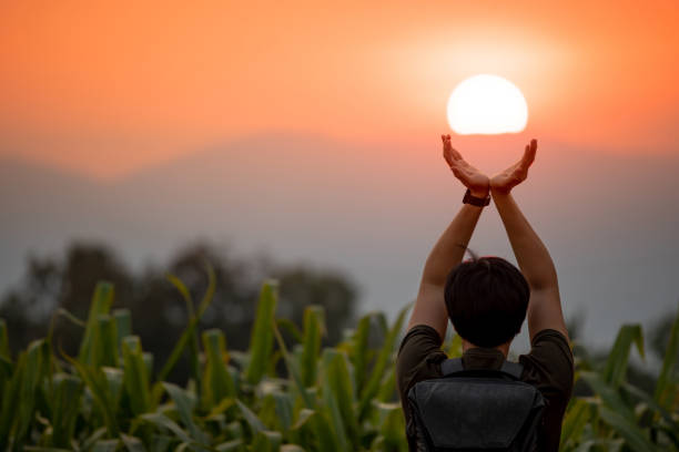 Asian man in corn field raising his arms holding the sun at sunset in summer solstice day. Hope and pray. Achievement concept Asian man in corn field raising his arms holding the sun at sunset in summer solstice day. Hope and pray. Achievement concept summer solstice stock pictures, royalty-free photos & images