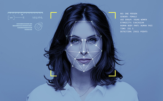 Facial Recognition System, Concept Images. Portrait of young woman.