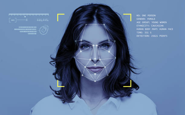 A close-up portrait of a young woman with dark hair, featuring a digital overlay of facial recognition markers and data, including details such as "Gender: Female," "Age Group: Young Women," and various detection points, against a blue background.