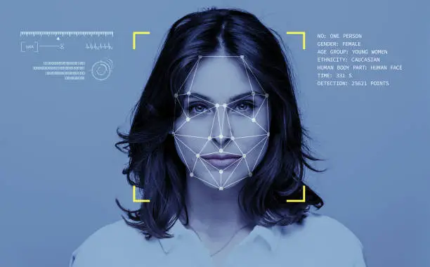 Facial Recognition System, Concept Images. Portrait of young woman.