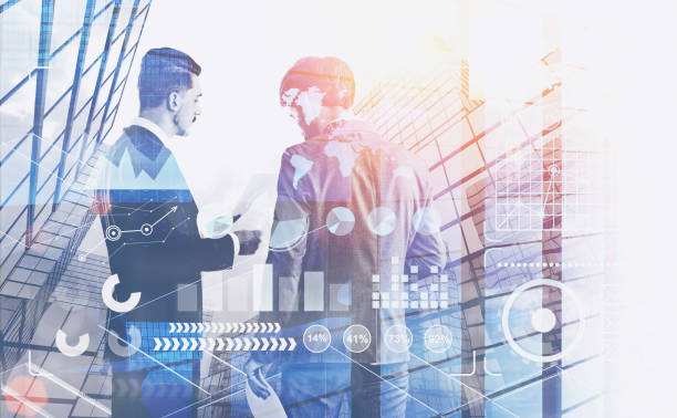 istock Two businessmen talking in city, infographics 1139861943