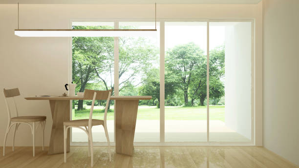 istock Dining room and space for add artwork. Dining area with forest and meadow view in hotel or home. 3D Illustration 1139863381