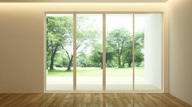 istock Empty room and space for add artwork. Empty room forest and meadow view. 3D Illustration 1139863560