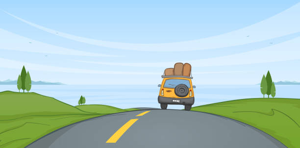 ilustrações, clipart, desenhos animados e ícones de paisagem do verão dos desenhos animados com passeios de carro do curso na estrada e no mar no horizonte. - road landscape journey road trip