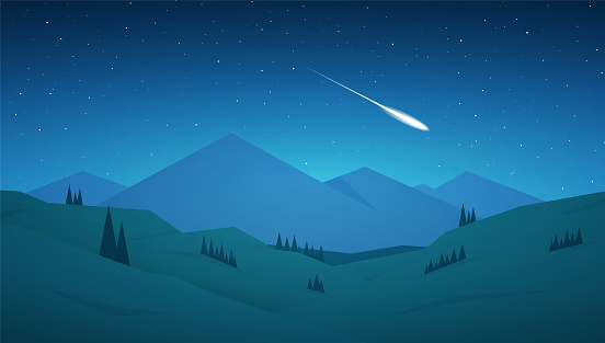 Flat Cartoon Night Mountains Landscape With Hills Stars And Meteor On The  Sky Stock Illustration - Download Image Now - iStock