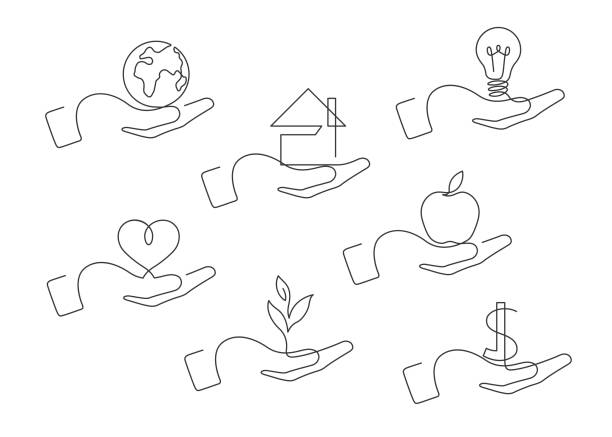 set one line hand Continuous line drawing of hand gestures. Set of different gestures hand. Globe, house, lightbulb, heart, plant, dollar, apple in hand. Vector illustration. pics of a bewitched stock illustrations