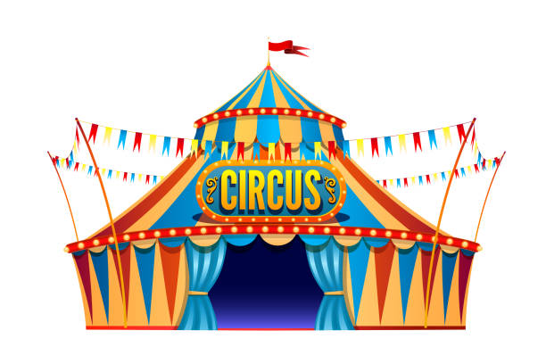 istock Classic red yellow travel circus tent on transparent background with decorative signboard, decorated with flags isolated vector illustration 1139866514