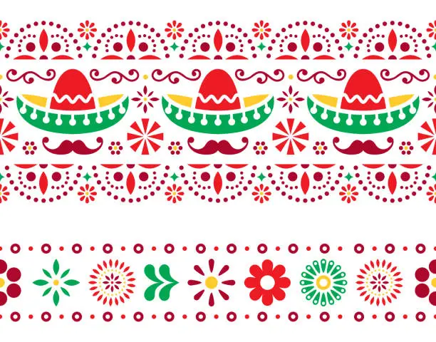 Vector illustration of Mexican seamless vector pattern with sombrero, mustache and flowers - textile, wallpaper design
