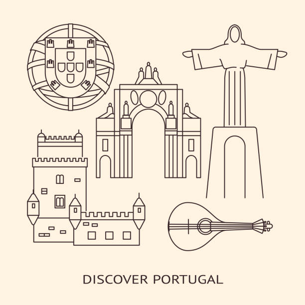 Discover Portugal banner or poster template with icons in line style Discover Portugal banner or poster template with icons in line style and place for text. Traditional symbols set with Christ statue, Belem tower, rua Augusta arch, portuguese emblem, guitar fado, the Barcelos rooster. rooster-of-barcelos stock illustrations